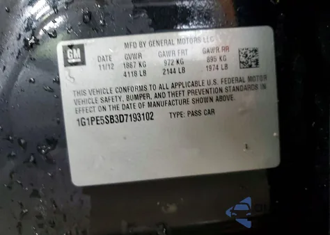 2013 Chevrolet Cruze Lt z USA, uszkodzony, nr VIN 1G1PE5SB3D7193102